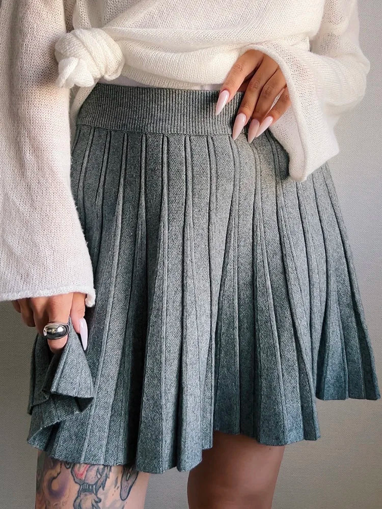 Spring Knit White Mini Pleated Skirts For Women A Line Skirt Gray High Waist Women Knitted Pleated Short Skirts Korean Fashion