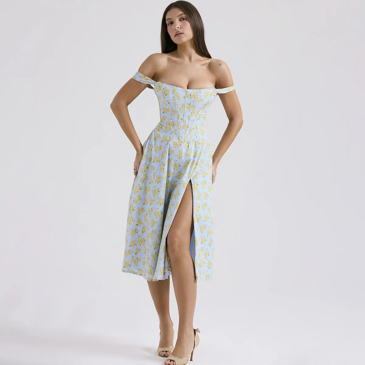 Suninheart Elegant Summer Corset Dress 2024 New Arrivals Blue Slit Flower Print Flare Dress Midi Casual Lace Up Holiday Dress
