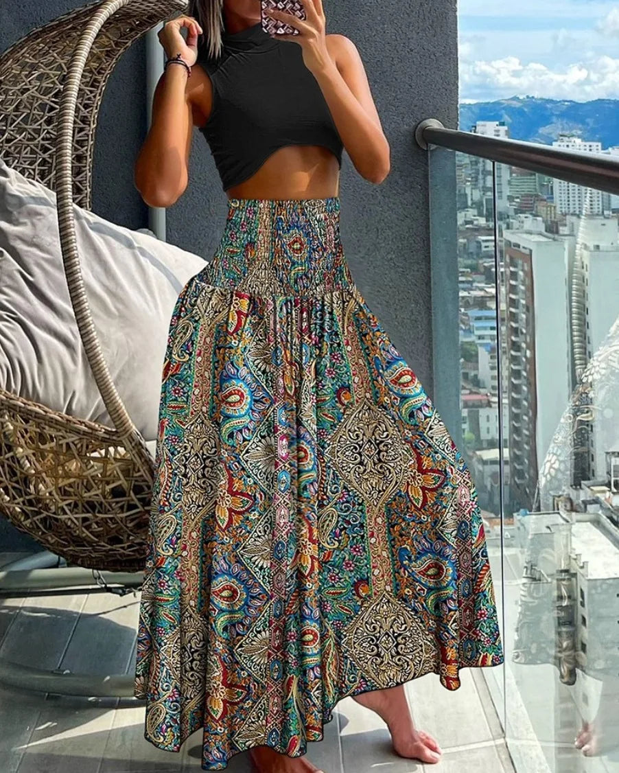Fashion Cotton Women Floral Print Skirt Side Tie Beach Skirts Summer High Waist Wrap Flower Long Skirt
