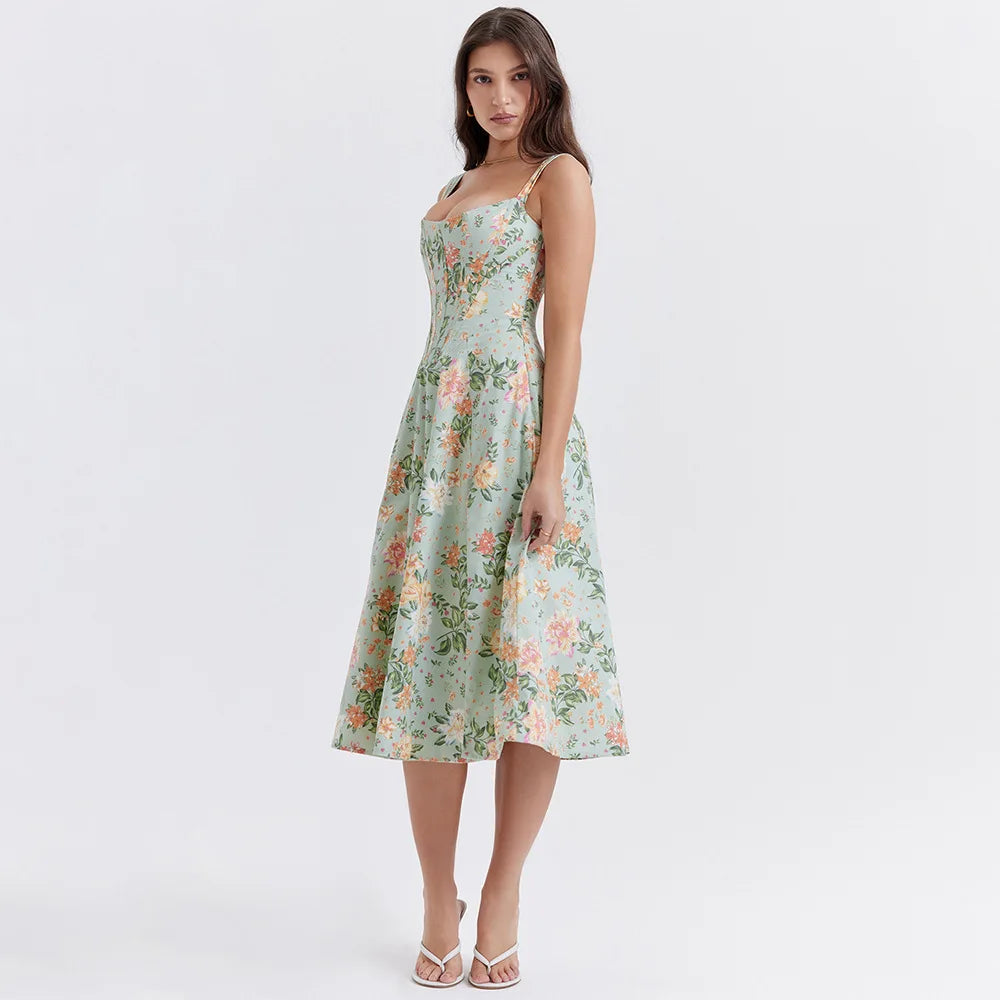 Suninheart Elegant Summer Corset Dress 2024 New Arrivals Blue Slit Flower Print Flare Dress Midi Casual Lace Up Holiday Dress