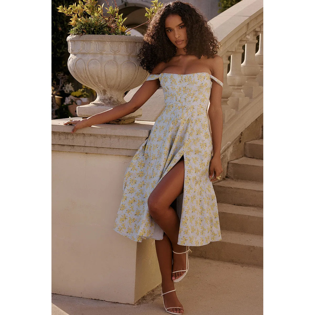 Suninheart Elegant Summer Corset Dress 2024 New Arrivals Blue Slit Flower Print Flare Dress Midi Casual Lace Up Holiday Dress