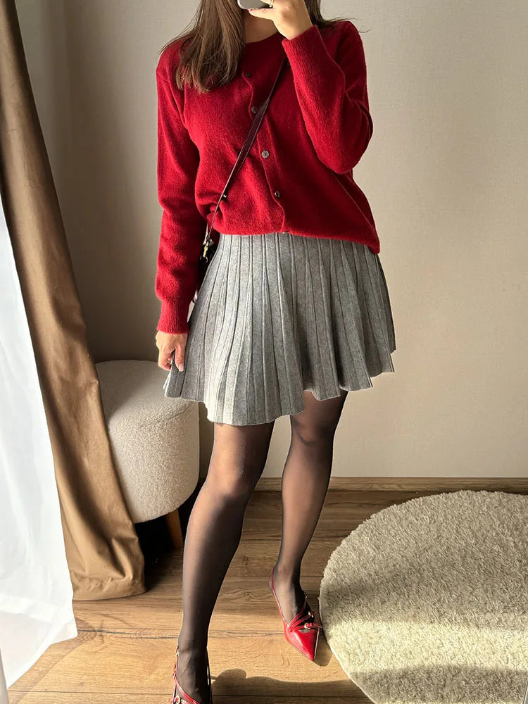 Spring Knit White Mini Pleated Skirts For Women A Line Skirt Gray High Waist Women Knitted Pleated Short Skirts Korean Fashion