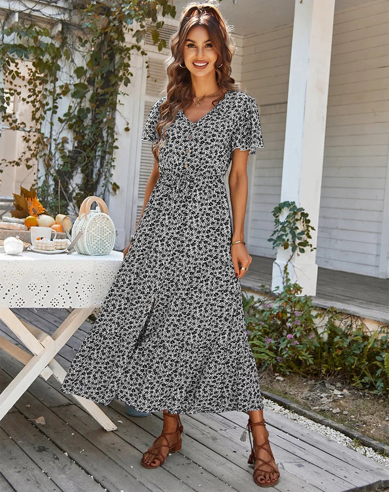 Vintage Floral Dresses for Women Elegant Loose New Slit Dress Summer Beach Holiday Leisure Long Dresses High Waist Print Vestido