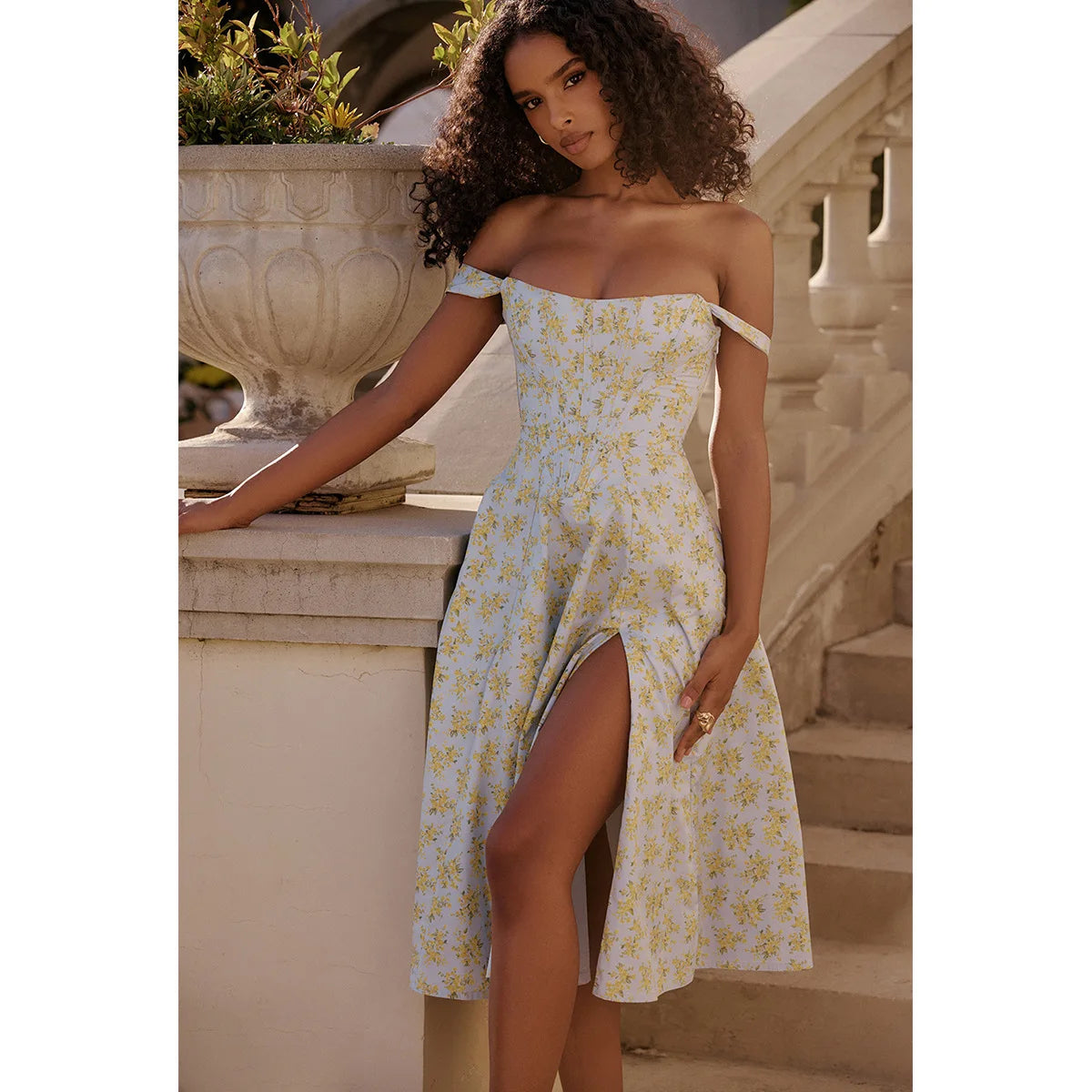 Suninheart Elegant Summer Corset Dress 2024 New Arrivals Blue Slit Flower Print Flare Dress Midi Casual Lace Up Holiday Dress