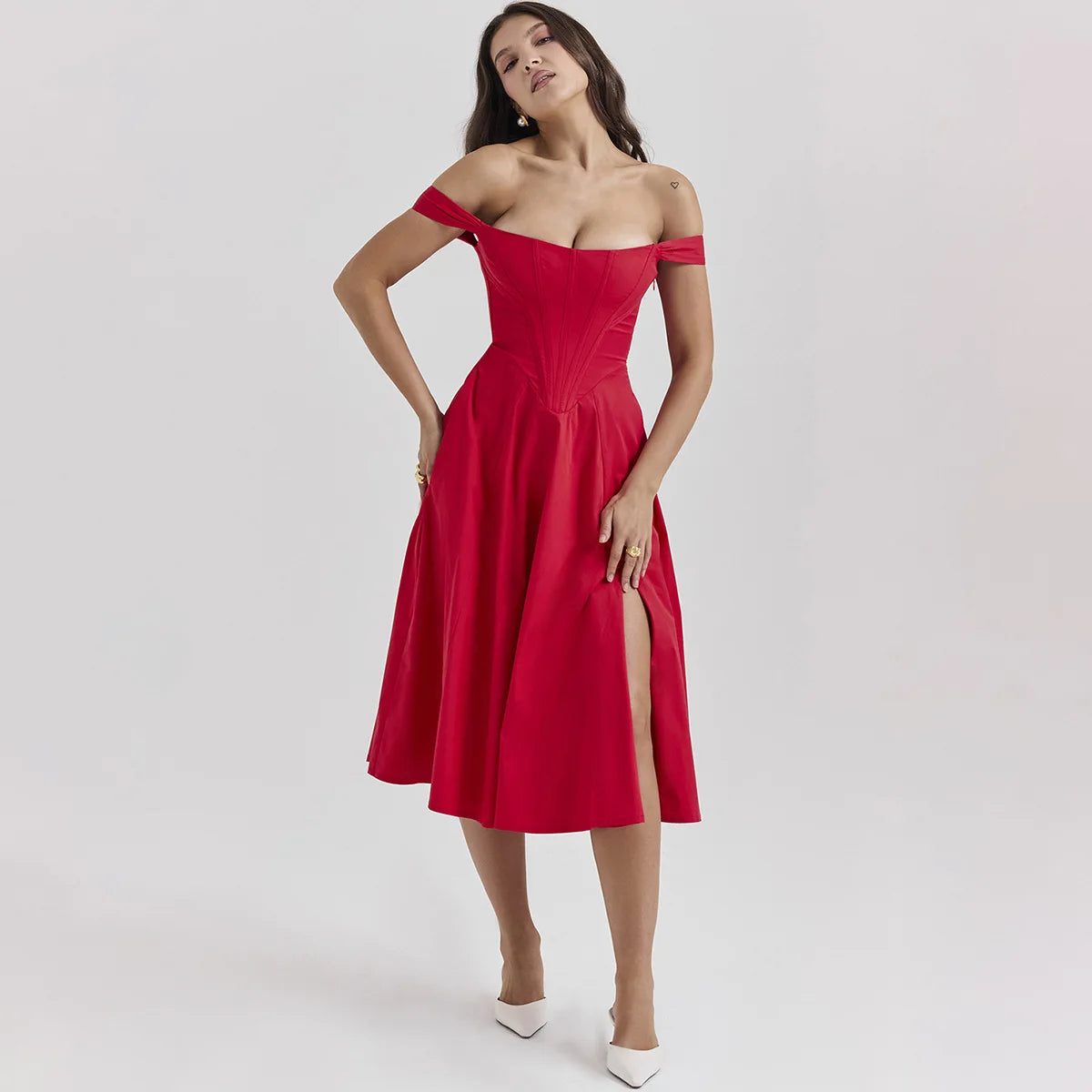 Suninheart Elegant Summer Corset Dress 2024 New Arrivals Blue Slit Flower Print Flare Dress Midi Casual Lace Up Holiday Dress