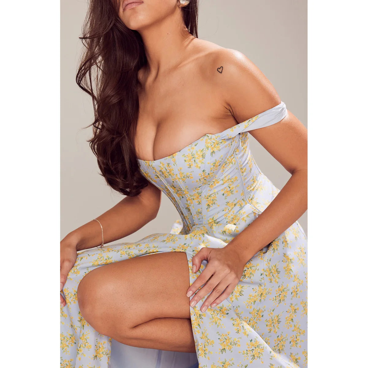 Suninheart Elegant Summer Corset Dress 2024 New Arrivals Blue Slit Flower Print Flare Dress Midi Casual Lace Up Holiday Dress
