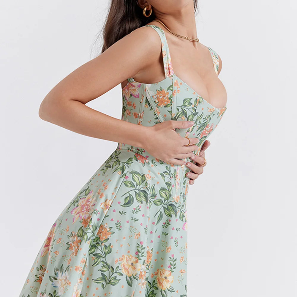 Suninheart Elegant Summer Corset Dress 2024 New Arrivals Blue Slit Flower Print Flare Dress Midi Casual Lace Up Holiday Dress