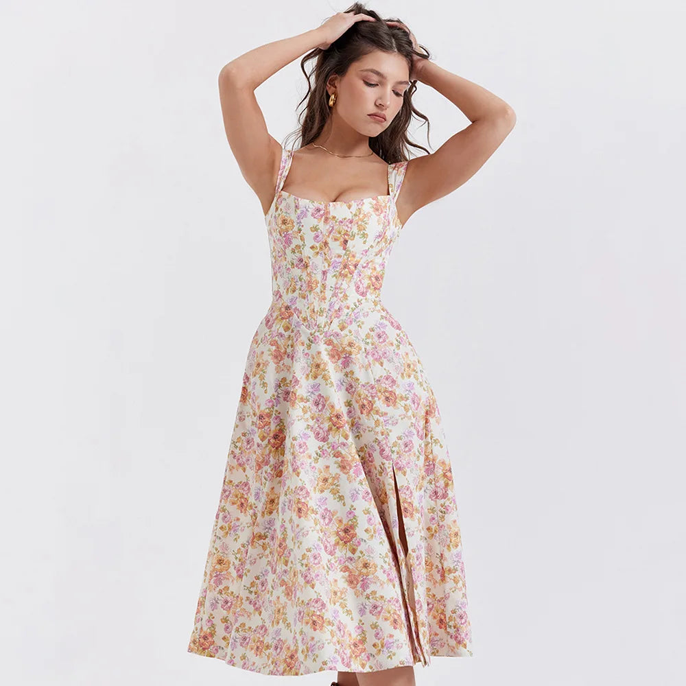 Suninheart Elegant Summer Corset Dress 2024 New Arrivals Blue Slit Flower Print Flare Dress Midi Casual Lace Up Holiday Dress