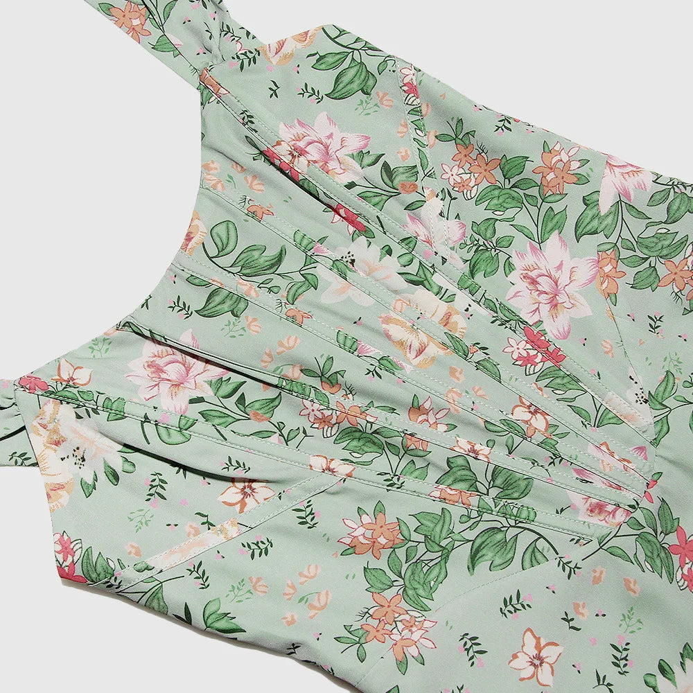 Suninheart Elegant Summer Corset Dress 2024 New Arrivals Blue Slit Flower Print Flare Dress Midi Casual Lace Up Holiday Dress