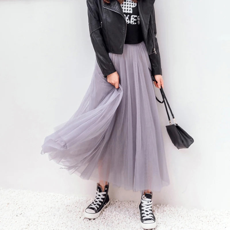 Vintage Tulle Skirt Women Streetwear Elastic High Waist Mesh Pleated Skirts Summer Elegant Korean A Line Office Ladies Skirt New