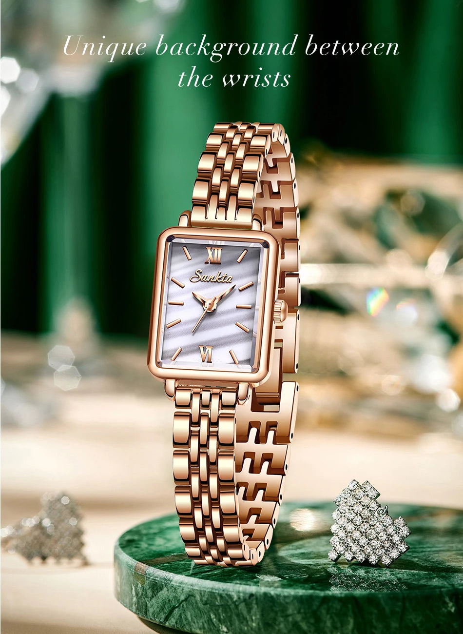 LIGE Sunkta Elegant Quartz Women Watch Simple Stainless Steel Strap Simple Square Dial Luxury Slim Fashion Casual Ladies Watches