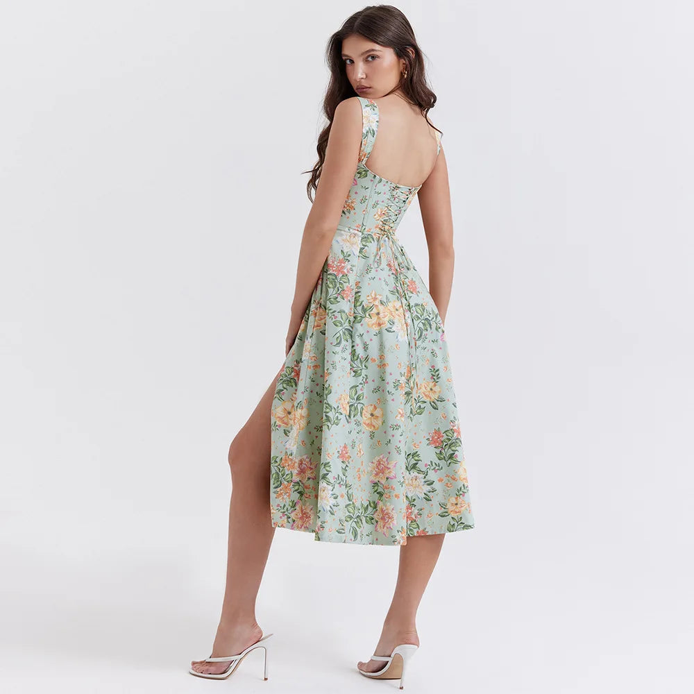 Suninheart Elegant Summer Corset Dress 2024 New Arrivals Blue Slit Flower Print Flare Dress Midi Casual Lace Up Holiday Dress