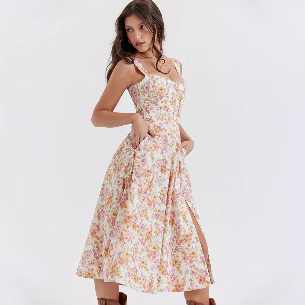Suninheart Elegant Summer Corset Dress 2024 New Arrivals Blue Slit Flower Print Flare Dress Midi Casual Lace Up Holiday Dress