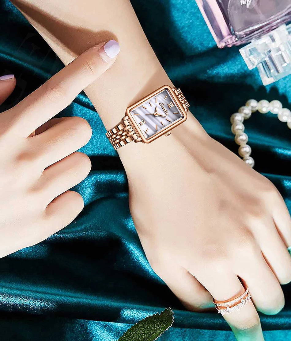 LIGE Sunkta Elegant Quartz Women Watch Simple Stainless Steel Strap Simple Square Dial Luxury Slim Fashion Casual Ladies Watches