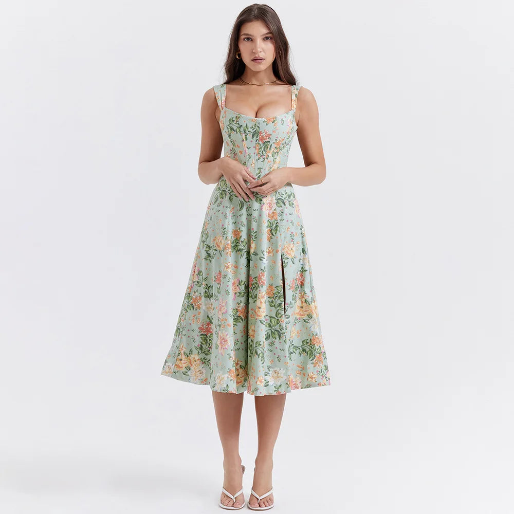 Suninheart Elegant Summer Corset Dress 2024 New Arrivals Blue Slit Flower Print Flare Dress Midi Casual Lace Up Holiday Dress