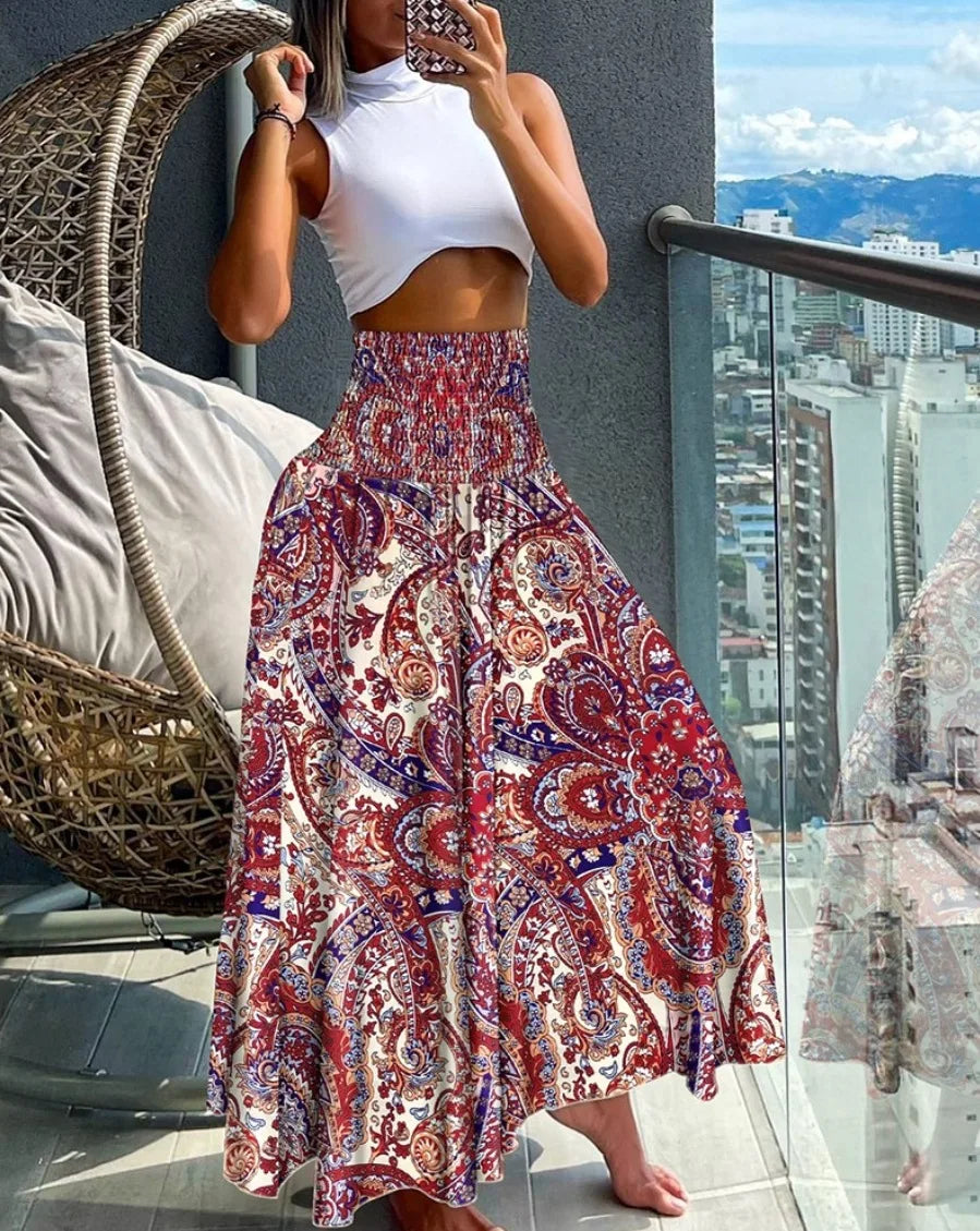 Fashion Cotton Women Floral Print Skirt Side Tie Beach Skirts Summer High Waist Wrap Flower Long Skirt