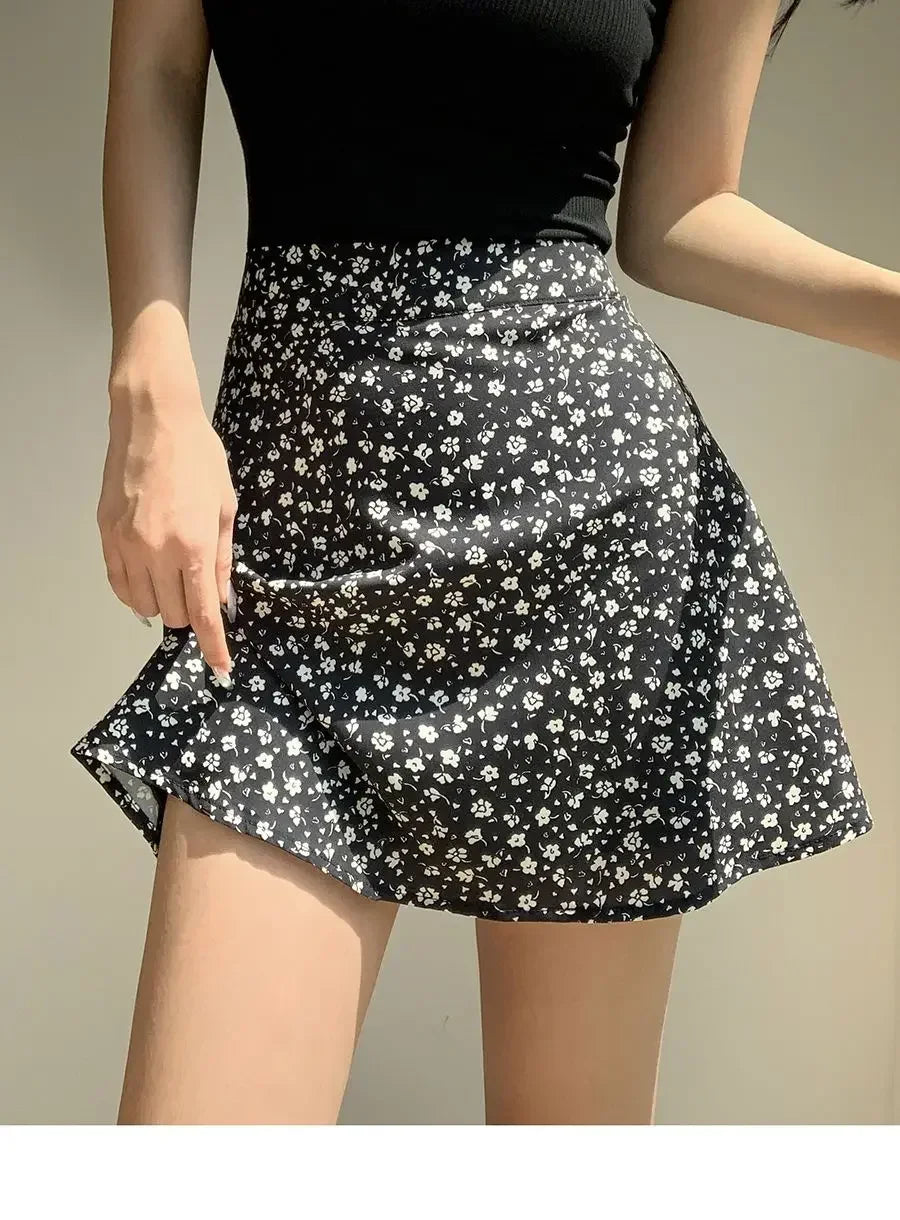 Retro French Girl Floral Skirt Summer Large Size High Waist Long Legs A-line Skirt Popular Vacation Short Skirt Umbrella Skirt