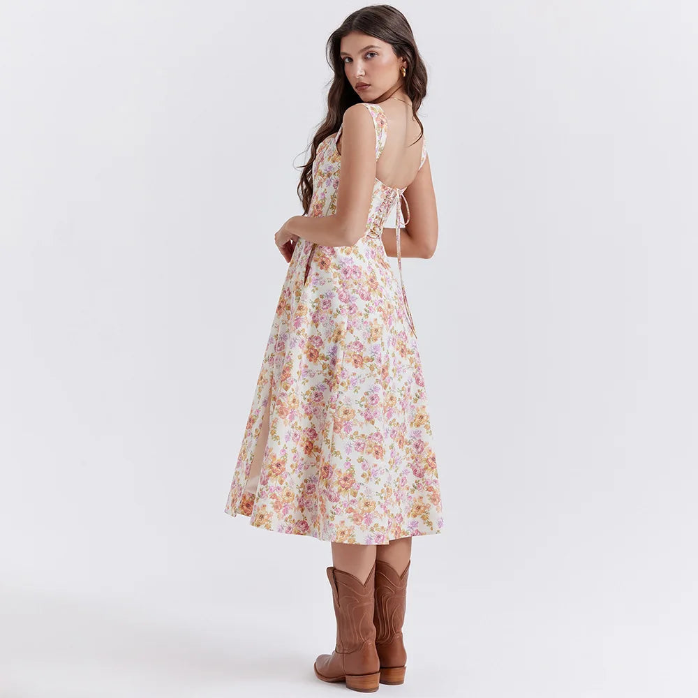 Suninheart Elegant Summer Corset Dress 2024 New Arrivals Blue Slit Flower Print Flare Dress Midi Casual Lace Up Holiday Dress
