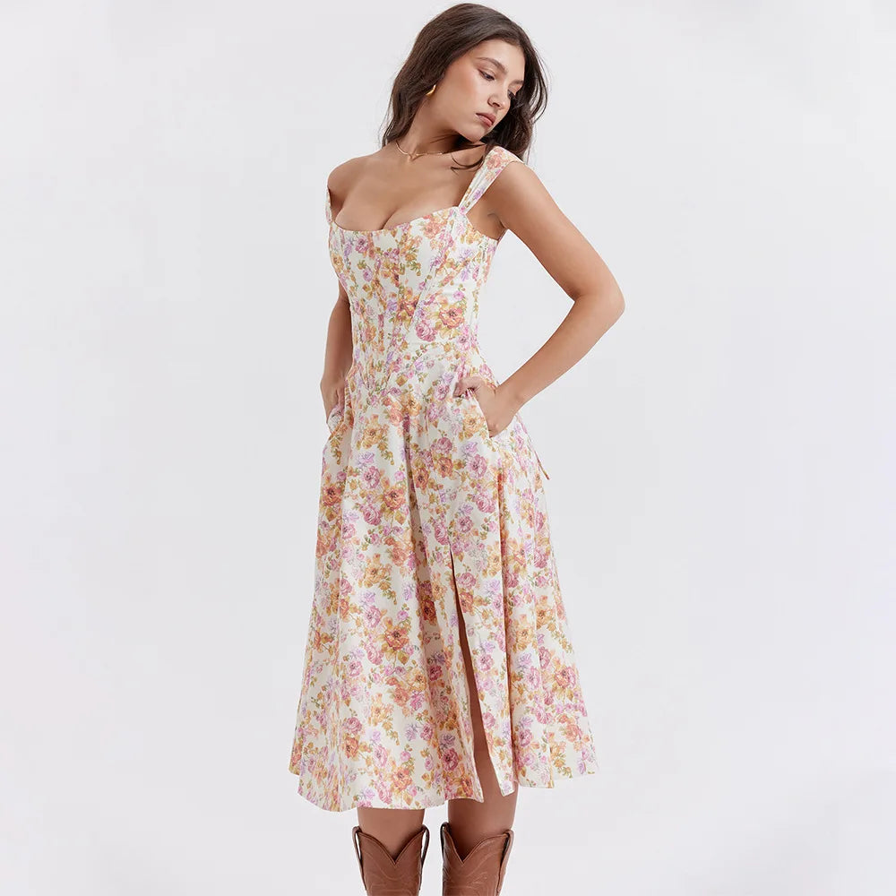 Suninheart Elegant Summer Corset Dress 2024 New Arrivals Blue Slit Flower Print Flare Dress Midi Casual Lace Up Holiday Dress