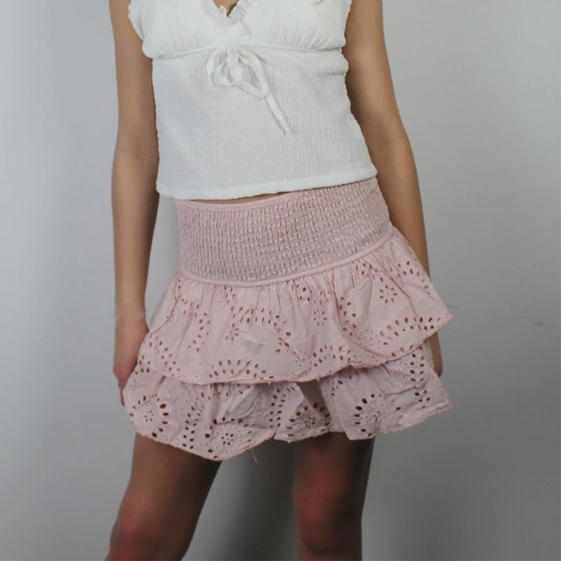 Women Y2K Ruffle Layered Hollow Mini Skirts Smocked A Line Pleated Short Skirts Teen Girls Boho Beach Kawaii Mini Skirts