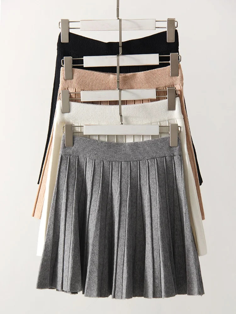 Spring Knit White Mini Pleated Skirts For Women A Line Skirt Gray High Waist Women Knitted Pleated Short Skirts Korean Fashion