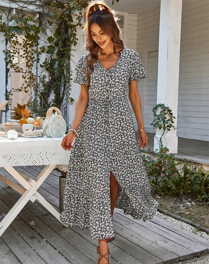 Vintage Floral Dresses for Women Elegant Loose New Slit Dress Summer Beach Holiday Leisure Long Dresses High Waist Print Vestido
