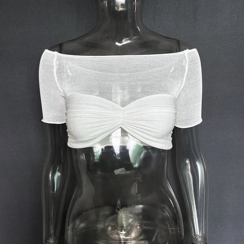Mozision See Through Mesh Crop Top Women Pullovers Strapless Short Knit Cropped Tops Ladies Tee Shirt Sexy Off-shoulder T-shirt