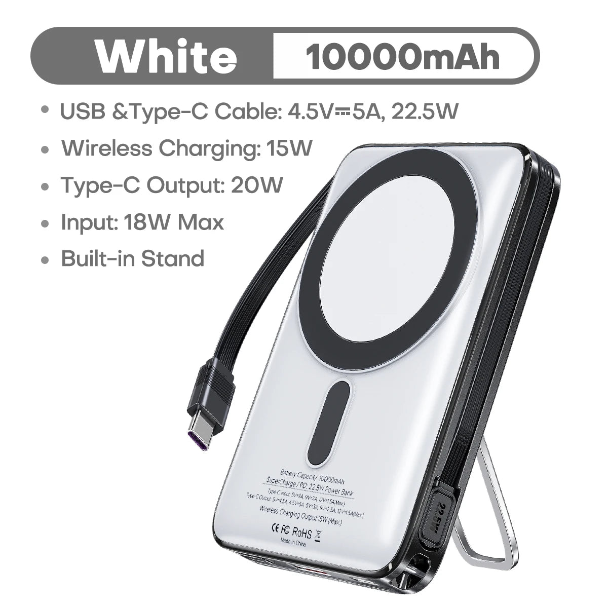 TUODES 22.5W 10000mAh Power Bank Wireless Magnetic Fast Charging Foldable Stand External Battery For iPhone 16 15 For Magsafe