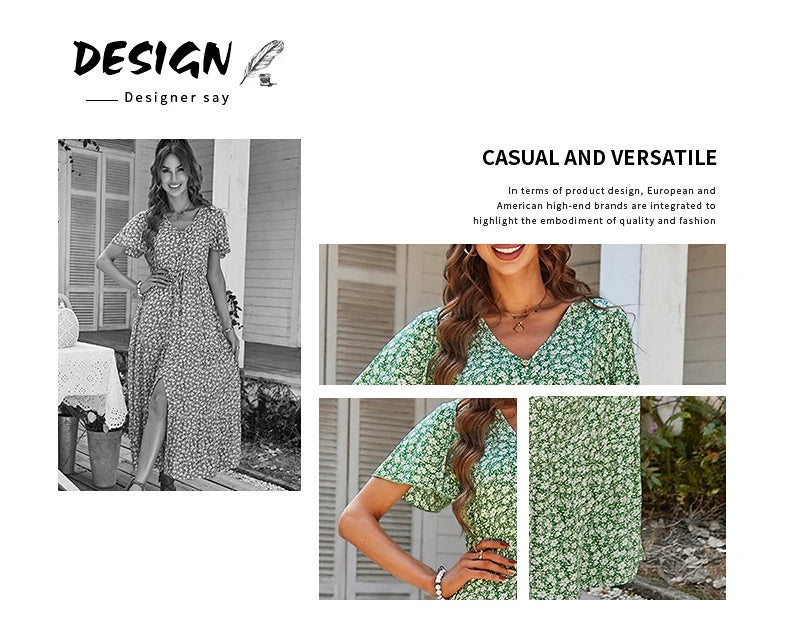 Vintage Floral Dresses for Women Elegant Loose New Slit Dress Summer Beach Holiday Leisure Long Dresses High Waist Print Vestido