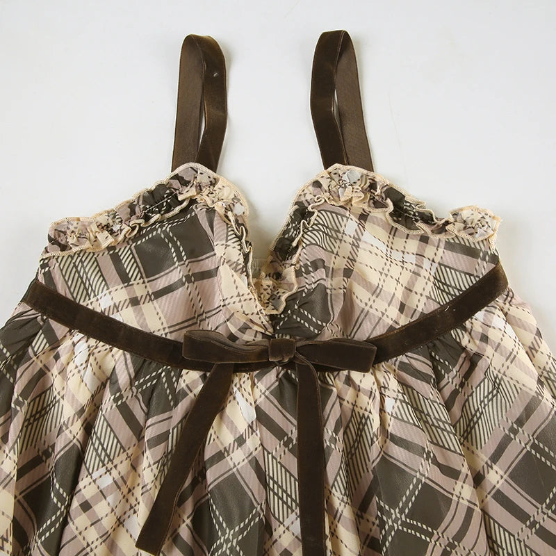 IAMHOTTY Plaid Print Camisole Vintage Contrast Color Tie-up Bow A-line Crop Top Y2K Aesthetic V-neck Corset Cute Holiday Outfits