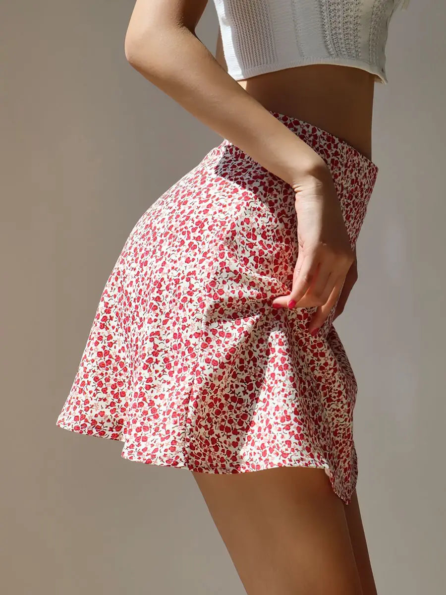 Retro French Girl Floral Skirt Summer Large Size High Waist Long Legs A-line Skirt Popular Vacation Short Skirt Umbrella Skirt