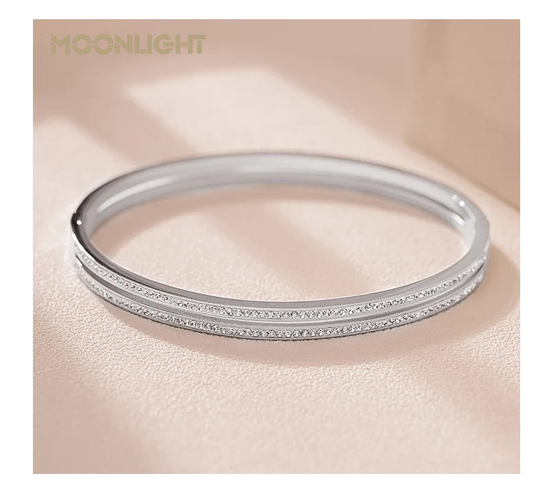 MOONLIGHT Fashion Cubic Zirconia Cuff Bangles for Women Trendy Titanium Steel Circular Classic Bracelet Female Jewelry Gift