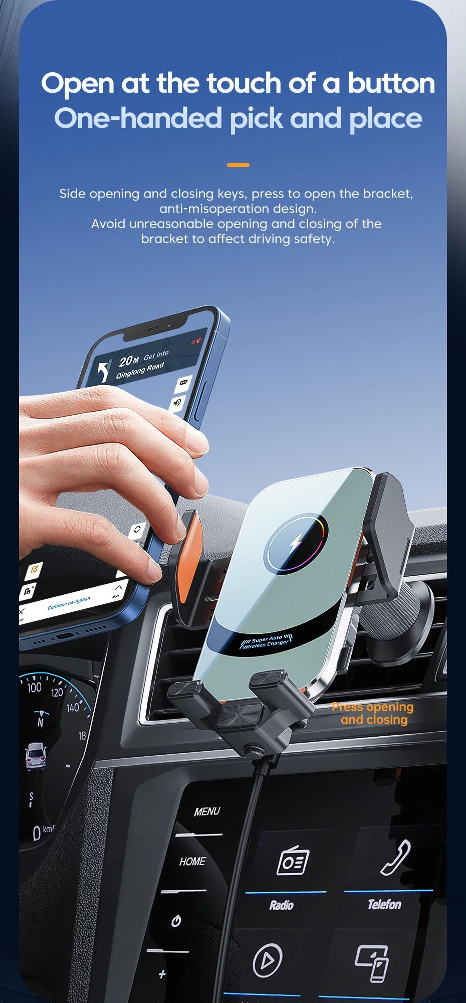 UYUXIO Wireless Car Charger Super Fast Charging Auto Clamping Air Vent Car Phone Holder for iPhone 16 15 14 Pro Max Samsung