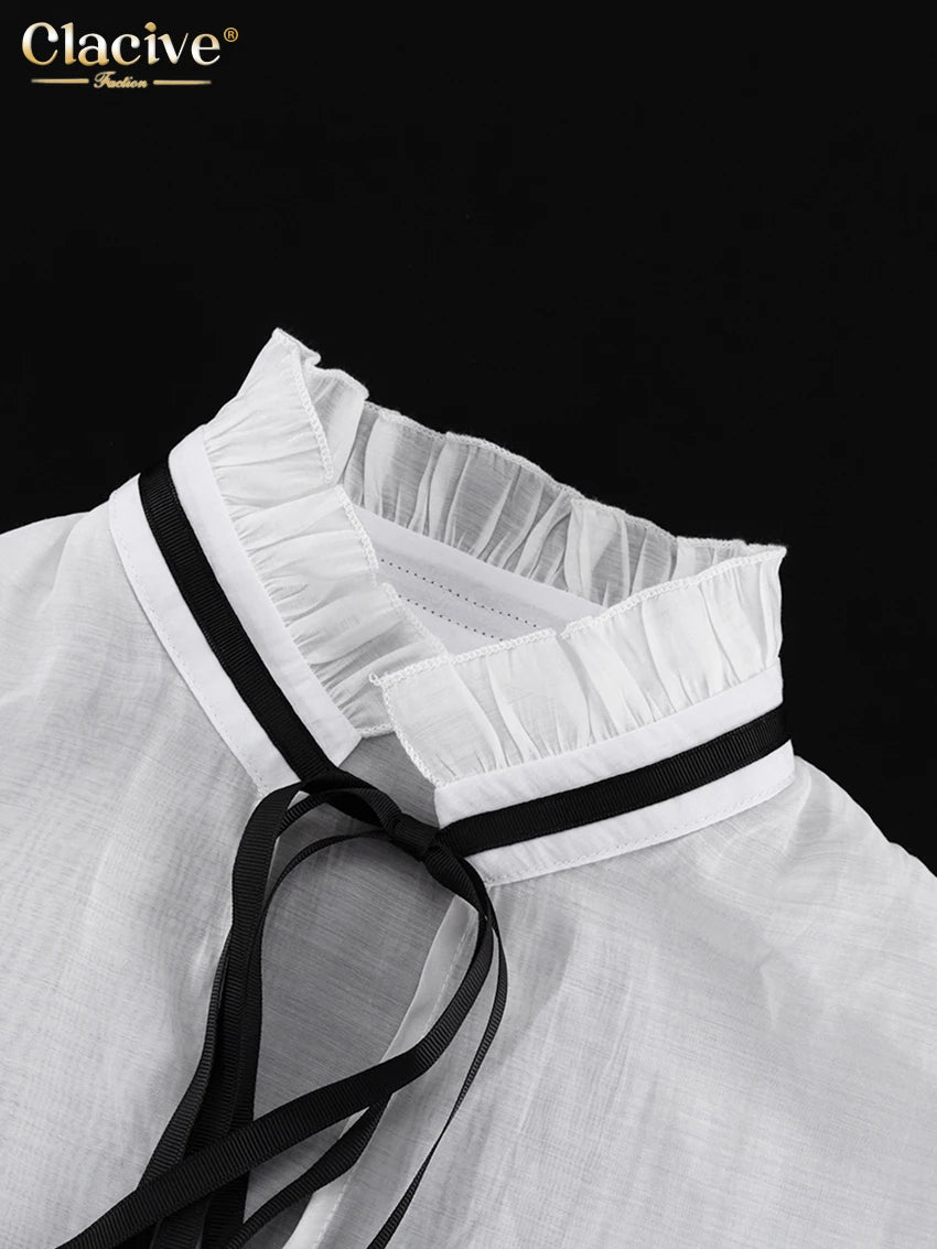 Clacive Sexy Loose White Women'S Shirt 2024 Fashion Ruffle Collar Long Sleeve Blouses Elegant See Through Top Female Clothing
