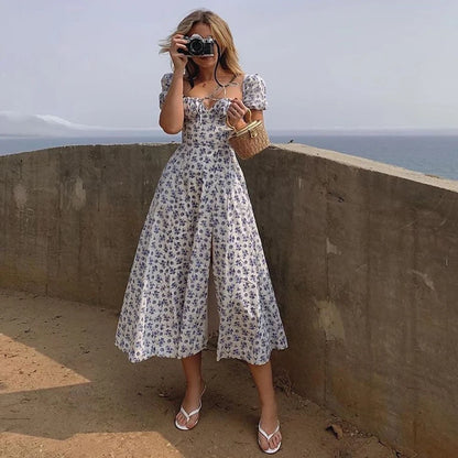 Summer Women Puff Sleeve Floral Printed Dress,Long Dresses,Woman Clothing,Dress Women,Women's Elegant Dresses,Sexy Costume Women