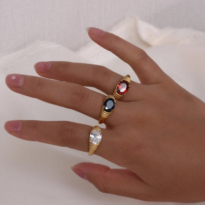 Strong Prong Setting Oval Cutt 3A Zircon Shiny Green Red Black White Stone Ring Stainless Steel 18K Gold Plated Rings For Women