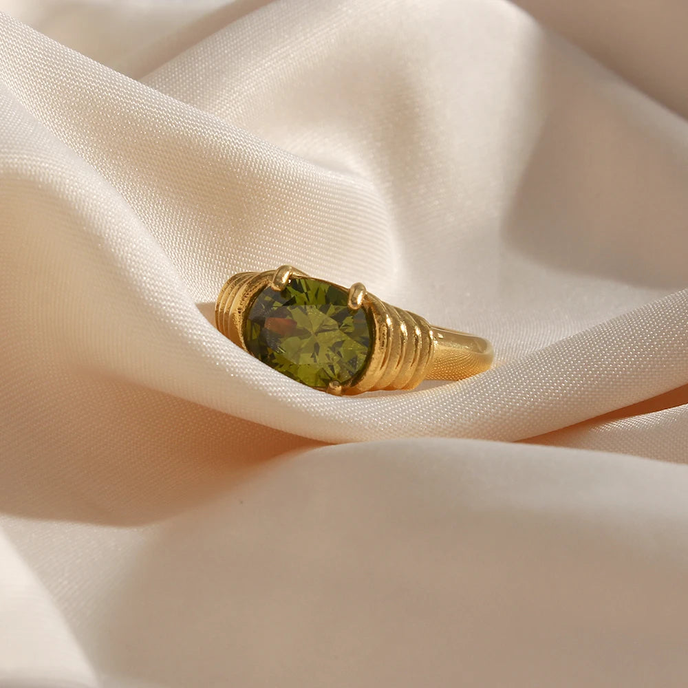 Strong Prong Setting Oval Cutt 3A Zircon Shiny Green Red Black White Stone Ring Stainless Steel 18K Gold Plated Rings For Women