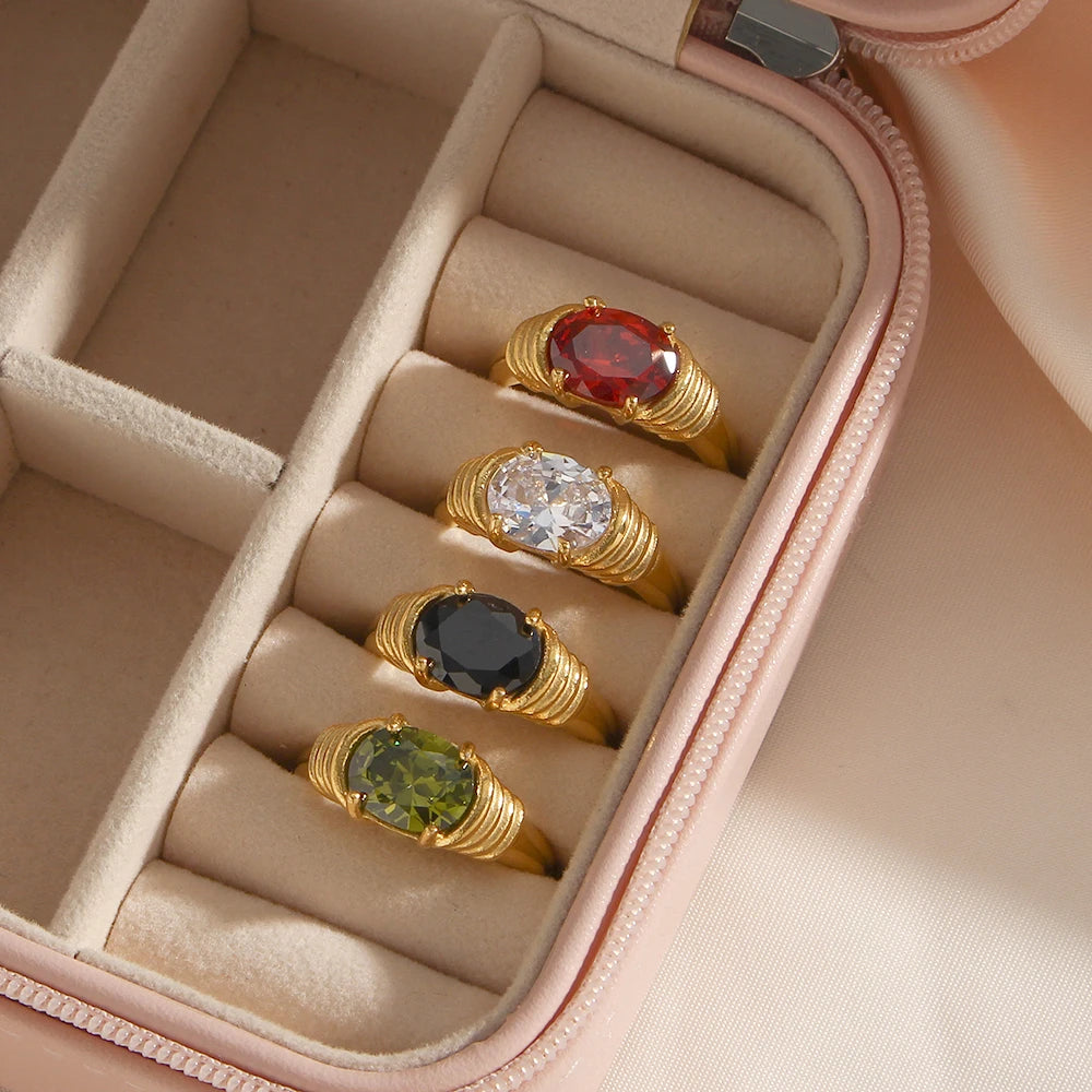 Strong Prong Setting Oval Cutt 3A Zircon Shiny Green Red Black White Stone Ring Stainless Steel 18K Gold Plated Rings For Women