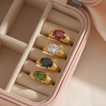 Strong Prong Setting Oval Cutt 3A Zircon Shiny Green Red Black White Stone Ring Stainless Steel 18K Gold Plated Rings For Women