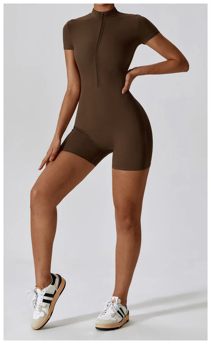Yoga Jumpsuit Summer Short Sleeve Zipper Sports Wear Gym Fitness Sports Bodysuits Women Dance Running Workout Clothes Yoga Suit