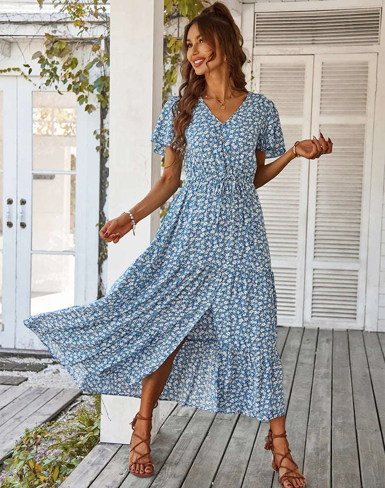 Vintage Floral Dresses for Women Elegant Loose New Slit Dress Summer Beach Holiday Leisure Long Dresses High Waist Print Vestido
