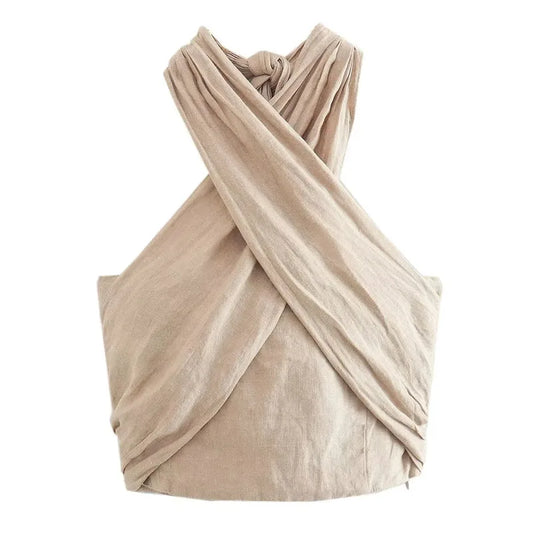 TRAF Linen Halter Top Summer Tops For Women 2023 Crop Backless Sleeveless Sexy Top Designer Female's Elegant Fashion Top Trend