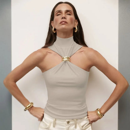 Summer Sexy Metal Ring Off Shoulder Tank Tops Women Fashion Turtleneck Sleeveless Slim Cropped Tops Elastic T-shirts Tee 2025