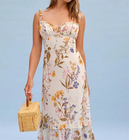 2022 Women Sexy Cross Bandage Black Flower Print Puff Long Sleeve Dress 3 layer Wood Ears Ruffles Hem Cake Mini Holiday Robe