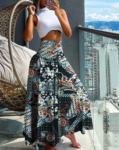 Fashion Cotton Women Floral Print Skirt Side Tie Beach Skirts Summer High Waist Wrap Flower Long Skirt