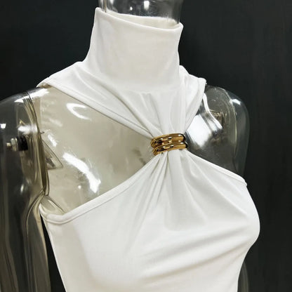 Summer Sexy Metal Ring Off Shoulder Tank Tops Women Fashion Turtleneck Sleeveless Slim Cropped Tops Elastic T-shirts Tee 2025