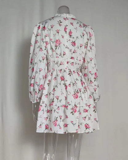Luxury new elegant sweet print V-neck lace short long sleeve floral dress women