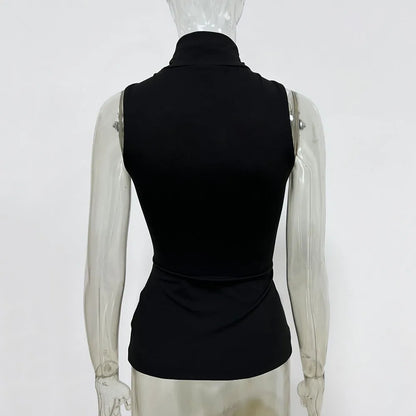Summer Sexy Metal Ring Off Shoulder Tank Tops Women Fashion Turtleneck Sleeveless Slim Cropped Tops Elastic T-shirts Tee 2025