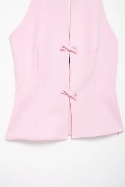 TRAFZA 2024 Women's Retro Bow-trimmed Vest Elegant Solid O Neck Sleeveless Off-shoulder Halterneck Summer Vintage Casual Tops