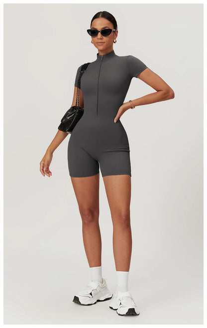 Yoga Jumpsuit Summer Short Sleeve Zipper Sports Wear Gym Fitness Sports Bodysuits Women Dance Running Workout Clothes Yoga Suit